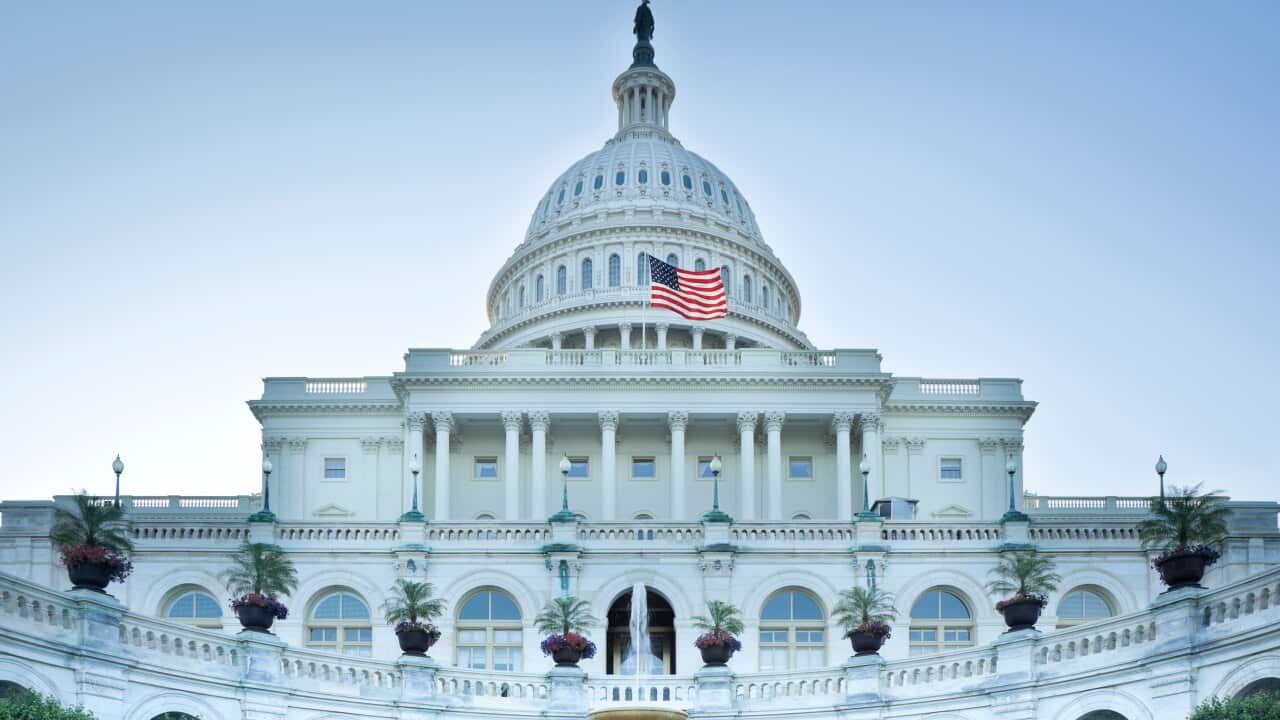 United States Capitol West Facade with Fountain and Flowers
