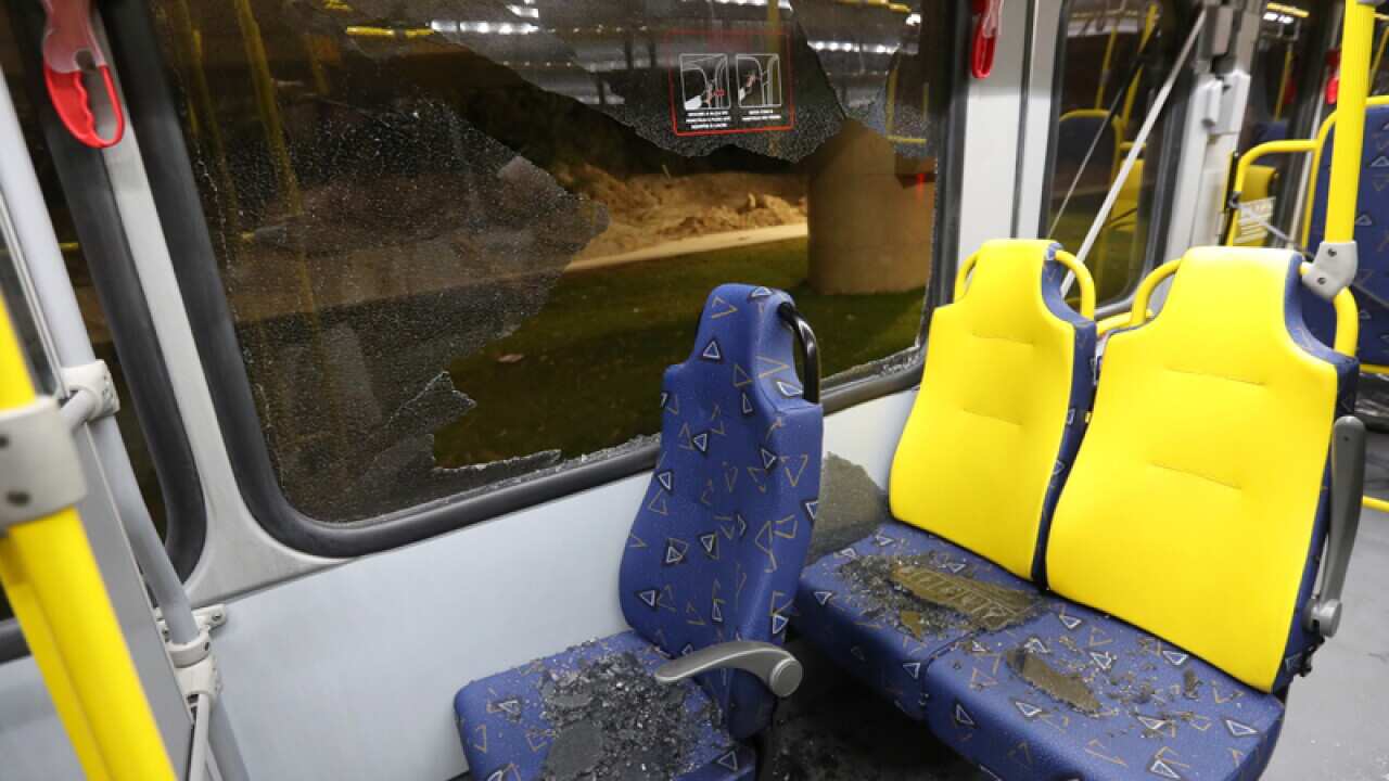 Damage to a media bus in the Deodoro area of Rio de Janeiro