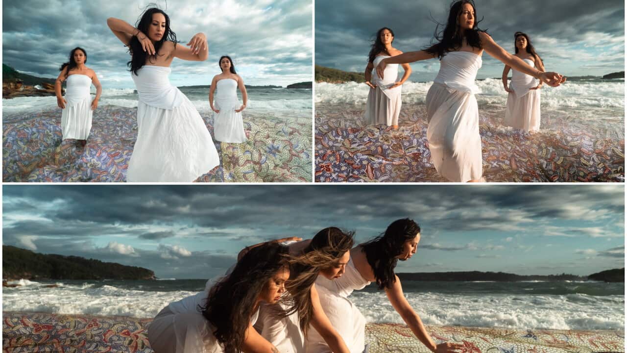 Images of Alfira O’Sullivan (centre) flanked by two Sahul Sunda dancers. Courtesy Sarah Rennie (Sahul Sunda) for Pencelupan – Darwin Festival , 5 – 23 of August 2026.