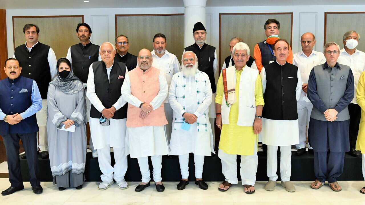 Prime Minister Narendra Modi in a group photograph with the various political leaders from Jammu and Kashmir
