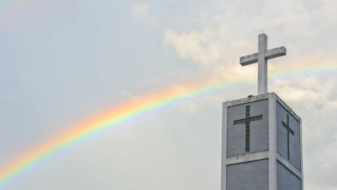 Rainbow over a church