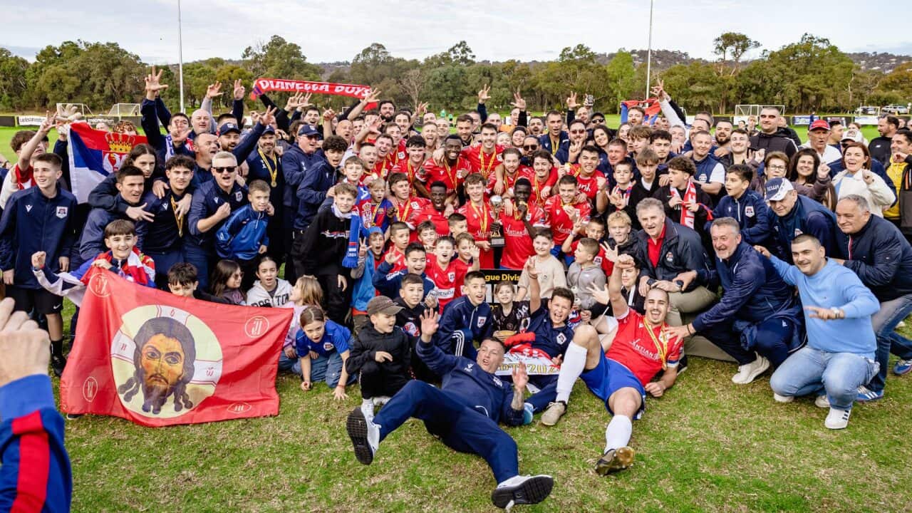 Dianella White Eagles celebrate winning 2025 Western Australia State League 1 with their fans