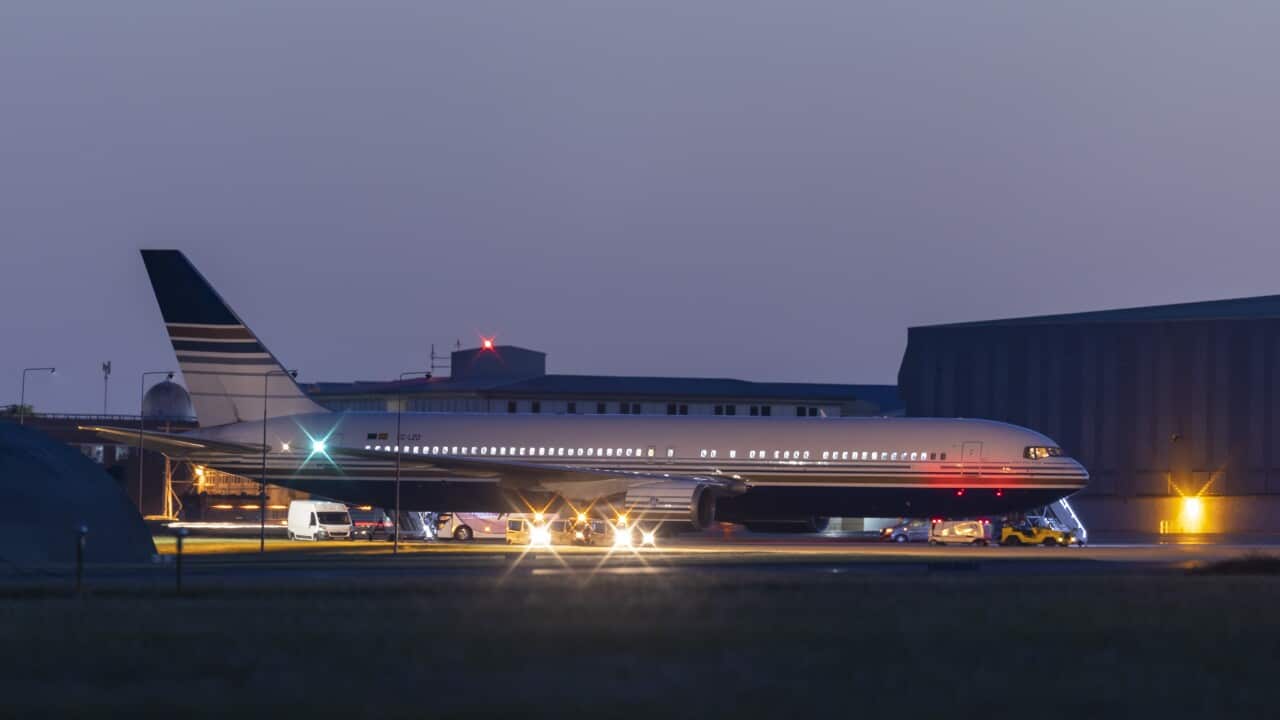 The grounded Rwanda deportation flight EC-LZO Boeing 767 at Boscombe Down Air Base, on 14 June 2022 in Boscombe Down near Amesbury, Wiltshire, England.