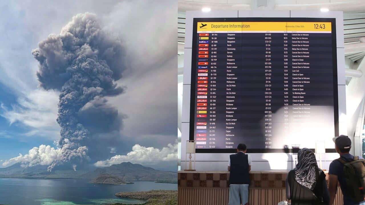 A composite image of a volcano and people standing at an airport