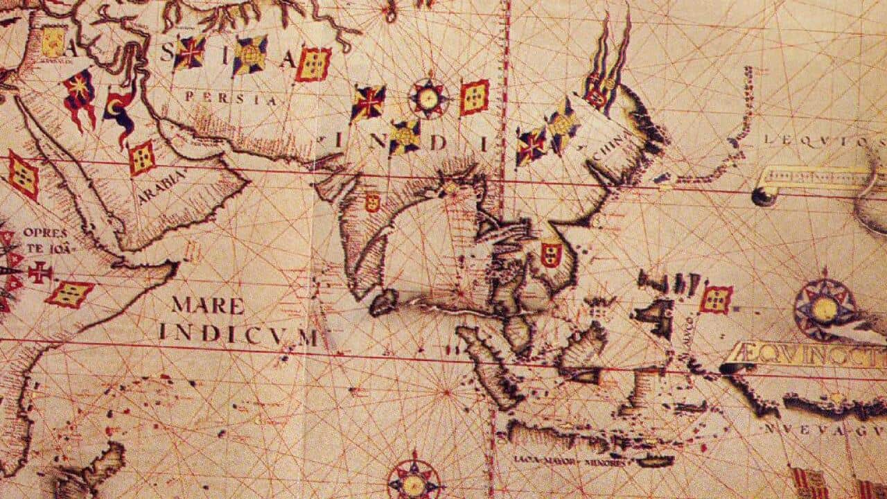 The Portuguese Eastern empire in 16th and 17th centuries with its capital in Goa, in all the Asian Subcontinents, East Africa, and in the Pacific.