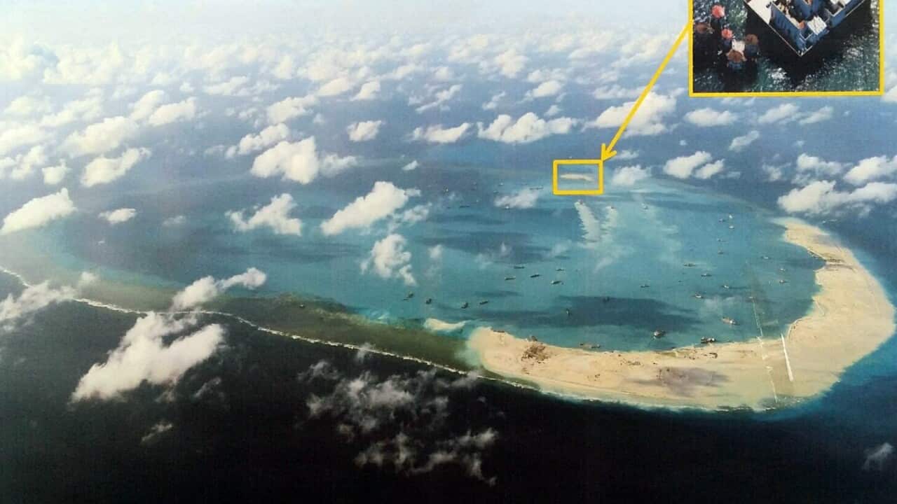 Picture made available by the Armed Forces of the Philippines (AFP) Public Affairs Office on 20 April 2015 shows a reproduction photo of the construction at Mischief Reef in the disputed Spratley Islands in the south China Sea by China
