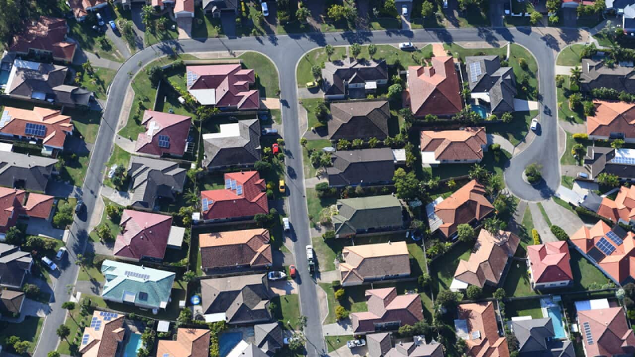 An aerial view of residential housing