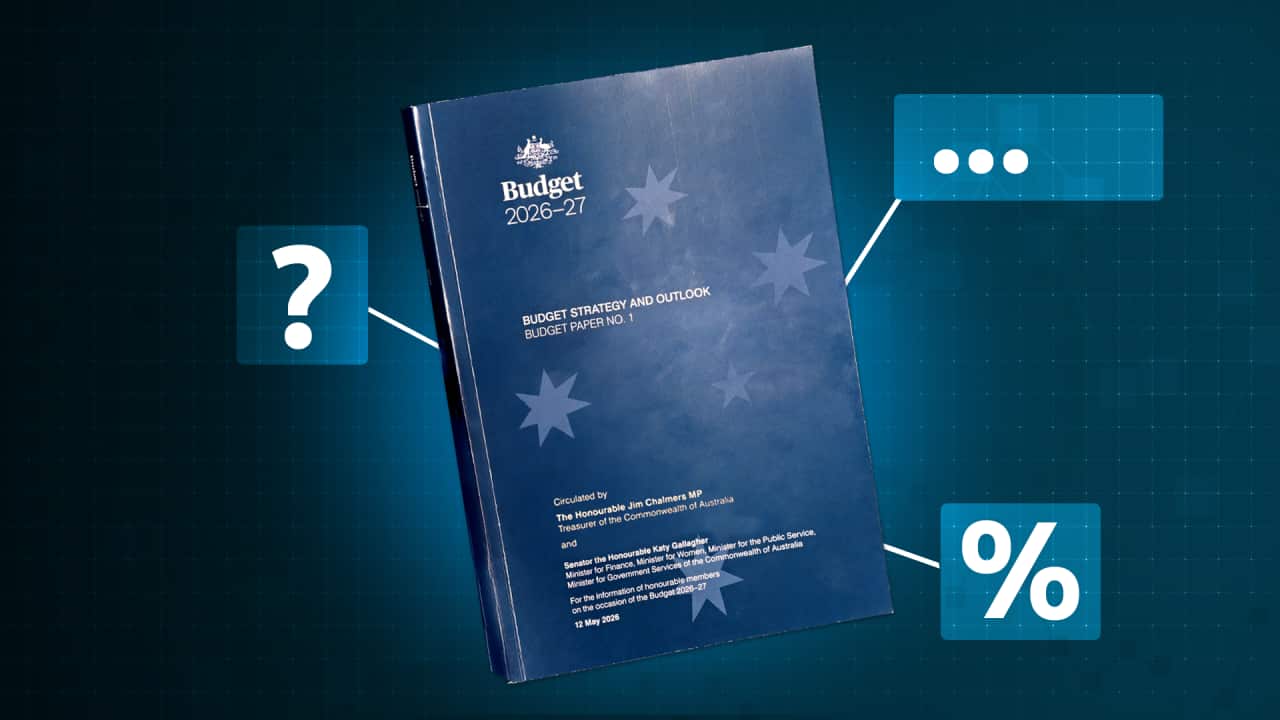 A graphic of the 2026 federal budget book with question icons around it