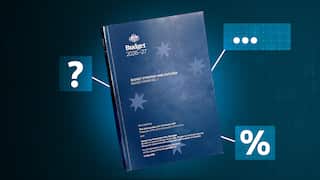 A graphic of the 2026 federal budget book with question icons around it
