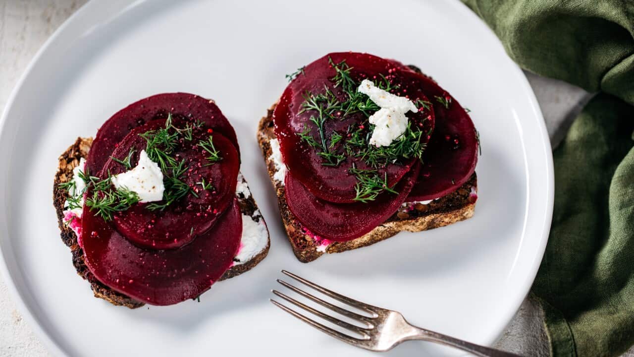 Pickled beetroot, dill, goats cheese and rye