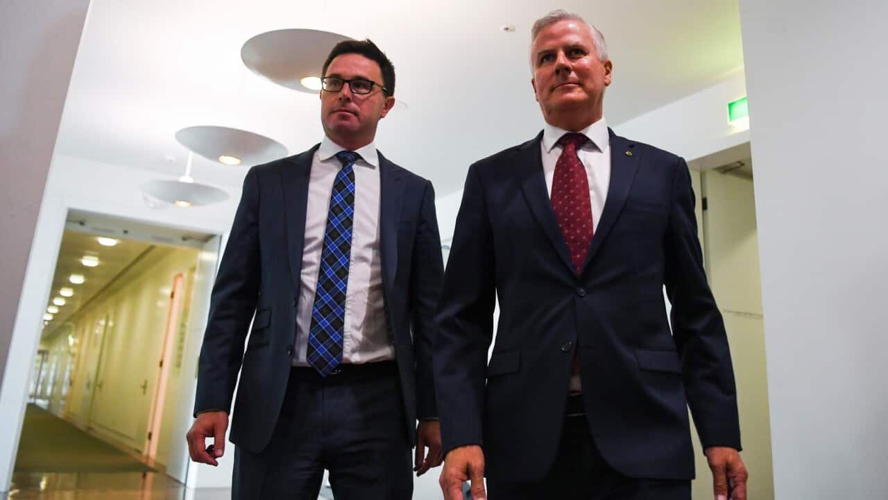 Re-elected Nationals Party leader Michael McCormack (right) and newly-elected Deputy leader David Littleproud