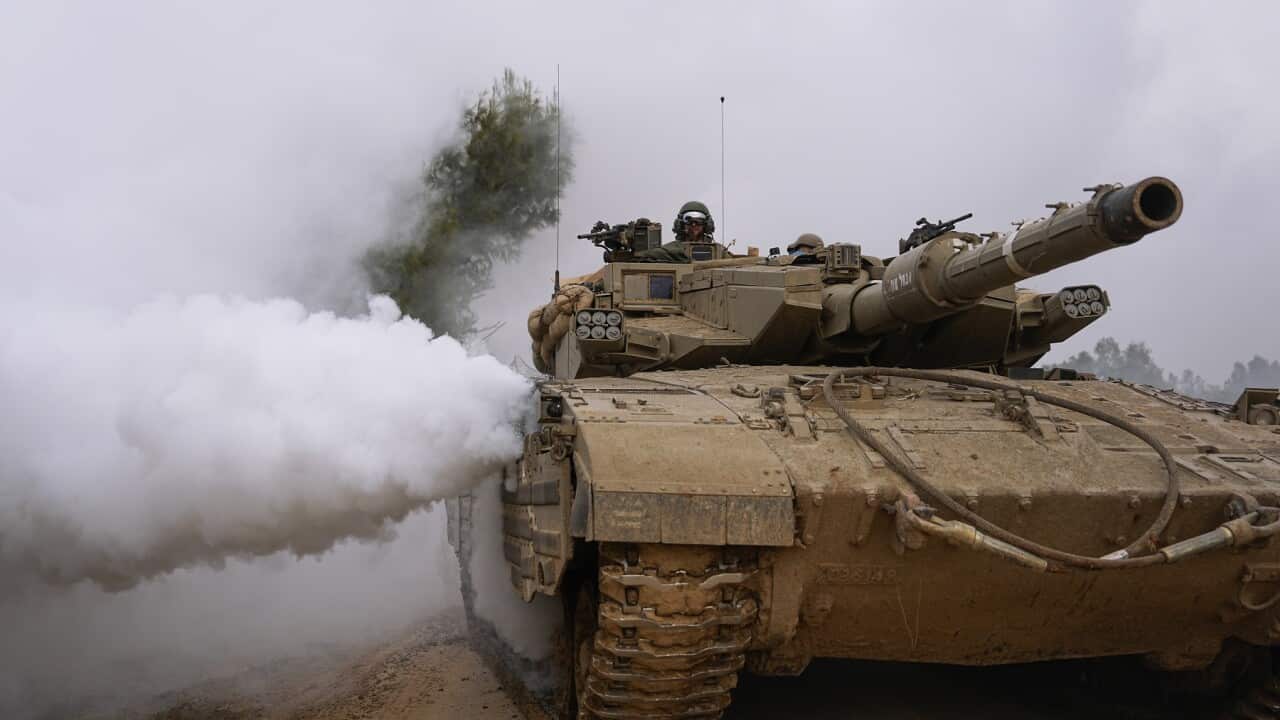 Israeli army tank moves near the Israeli-Gaza border (AAP)