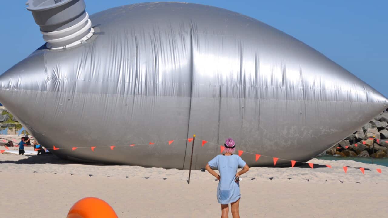 A giant goon bag as part of the Sculpture by the Sea exhibition, Perth