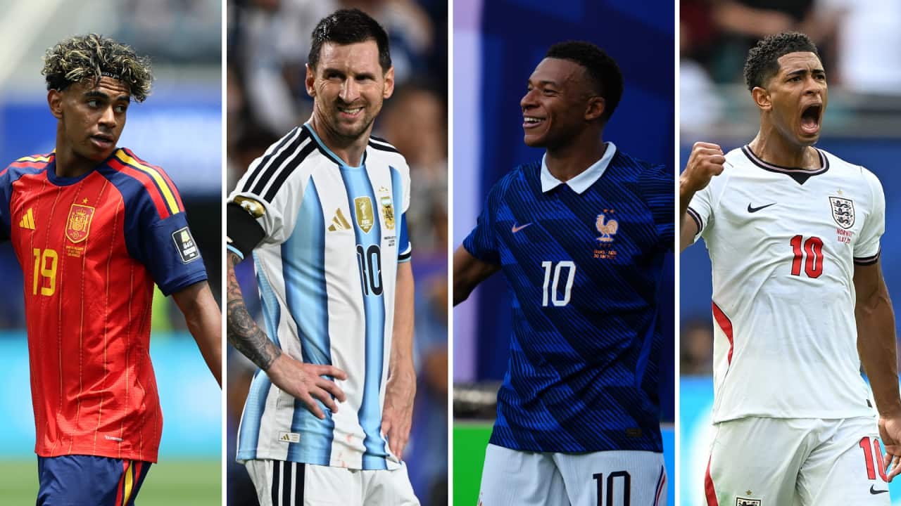 From left Lamine Yamal (Spain)/ Lionel Messi (Argentina) / Kylian Mbappé (France) / Jude Bellingham (England)
