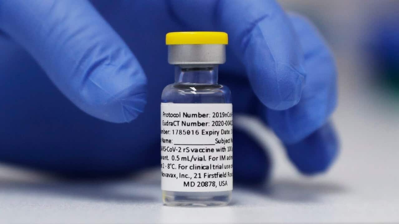 A vial of the Phase 3 Novavax coronavirus vaccine