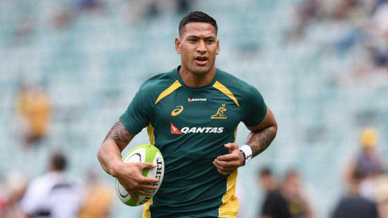 Israel Folau of the Wallabies runs with a ball before the rugby match between Australia and the Barbarians at Allianz Stadium in Sydney, Saturday, October 28, 2017.