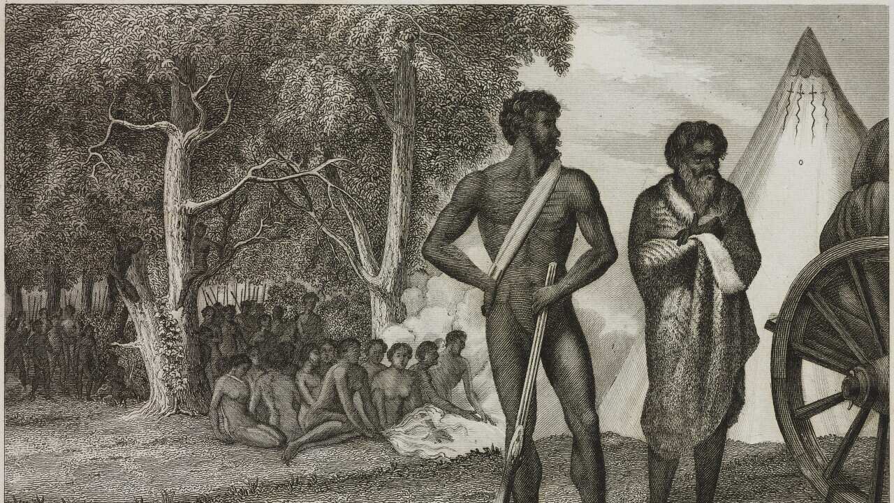 A nineteenth century engraving at an aboriginal camp by Marmocchi