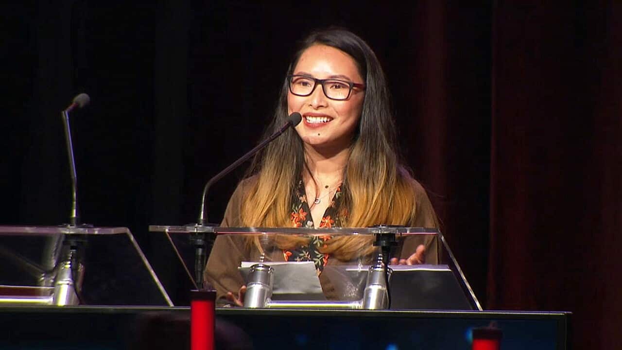 Pema Dolkar from SBS Tibetan accepts her award for Journalism excellence
