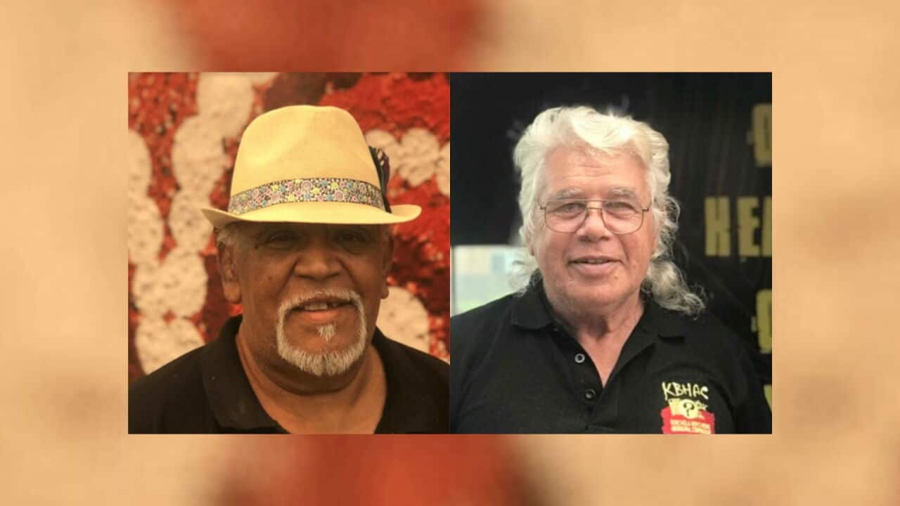 Uncle Richard Campbell and Uncle Roger Jarrett, both former residents of Kinchela Boys Home, are showing artworks in a new Coolamon Arts Hub exhibition