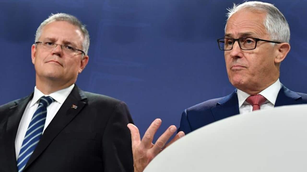 Scott Morrison and Malcolm Turnbull at a press conference.