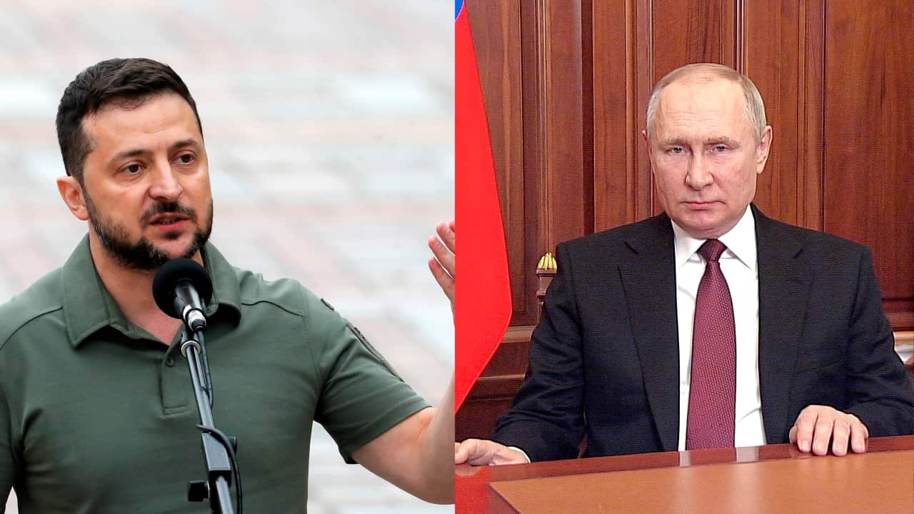 Composite picture of Volodymyr Zelenskyy on the left and Vladimir Putin on right
