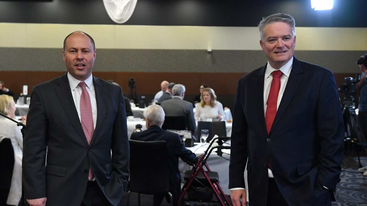 Treasurer Josh Frydenberg and Minister for Finance Mathias Cormann at the National Press Club in Canberra.