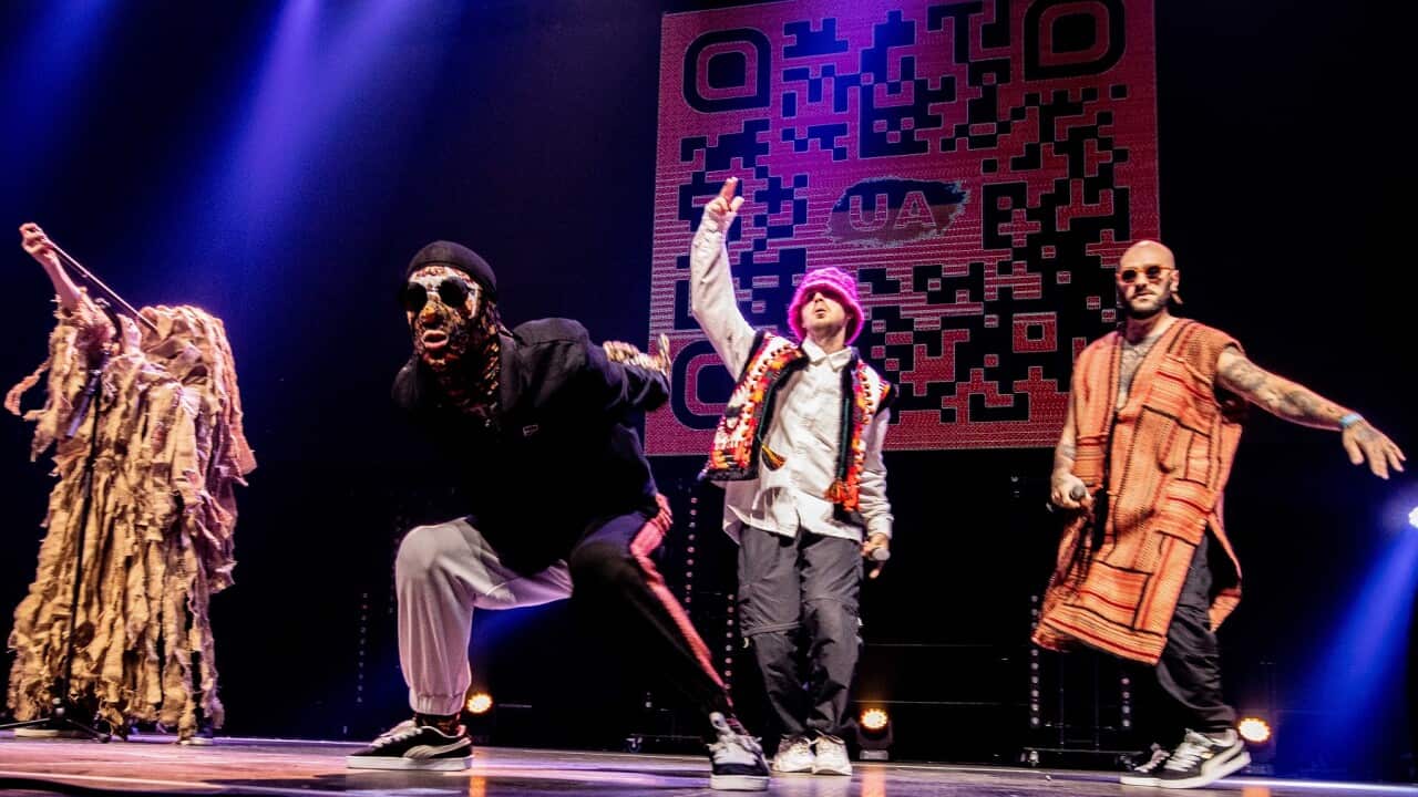 The Ukrainian band Kalush Orchestra perform during a Eurovision event in Amsterdam