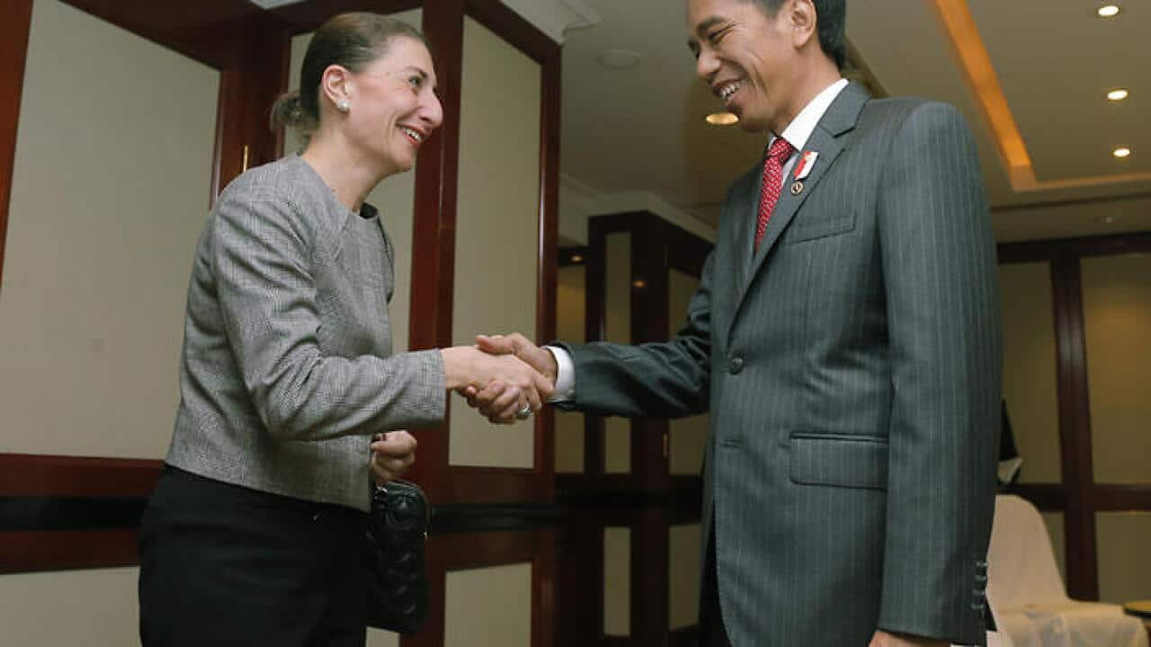 Indonesian President Joko Widodo (R) meets with New South Wales Premier Gladys Berejiklian during his visit to Sydney.