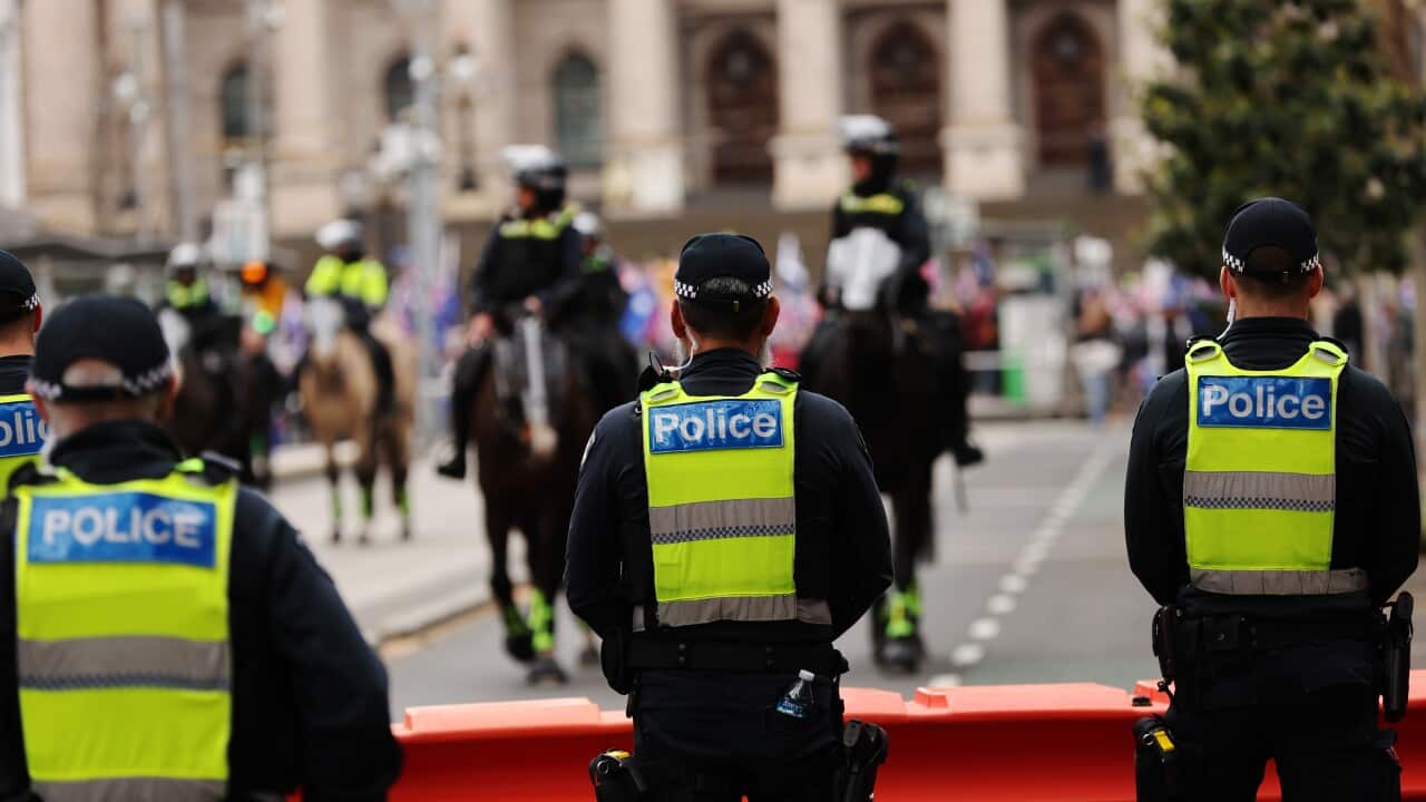 A line of police officers in high-visibility vests and hats stands facing away from the camera, blocking a city street. In the background, other police officers on horseback are visible, along with blurred buildings and crowds.