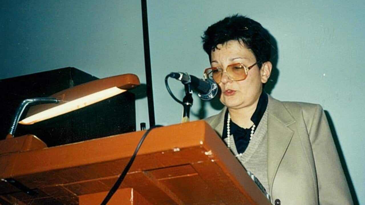 Mirna Cicioni in 1995 at a conference on Primo Levi at the Italian Cultural Institute in Melbourne.