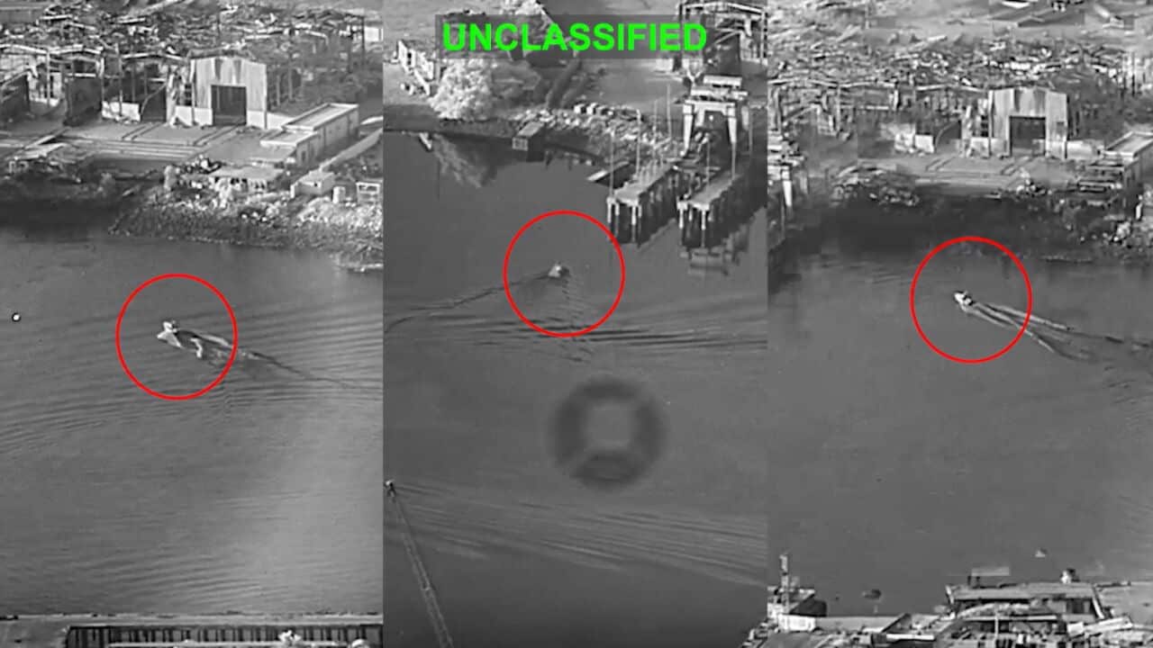 Images released by U.S. Central Command shows three Corsair unmanned surface vessels fired by the U.S. military, closing in on Bandar Abbas Naval Base, Iran (U.S. Central Command via AP).jpg