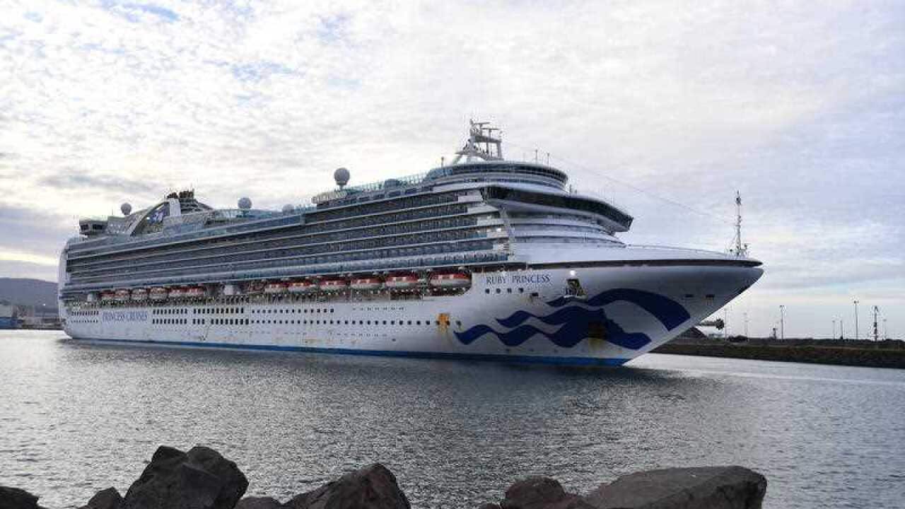 The Ruby Princess cruise ship departs Port Kembla in Wollongong, NSW.