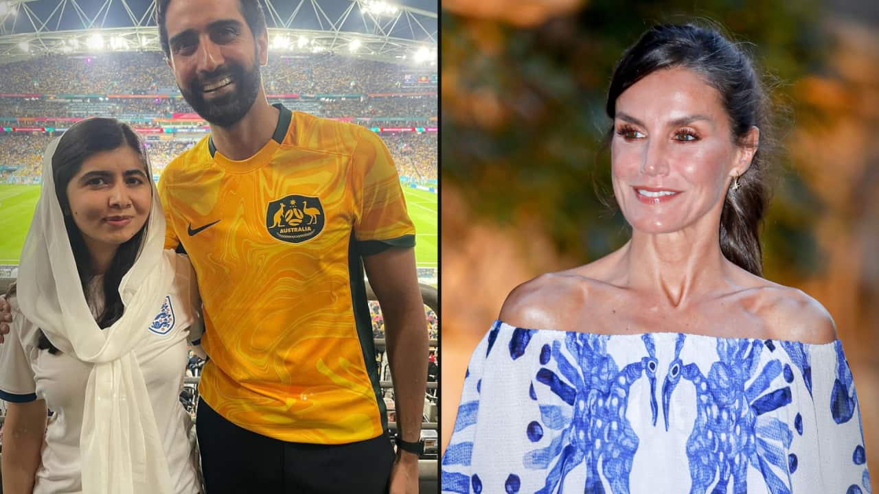 A split image. On the left is a woman in an English football jersey next to a man in an Australian football jersey standing in front of a football pitch at a sporting arena. On the right is a photo of a woman wearing a dress.