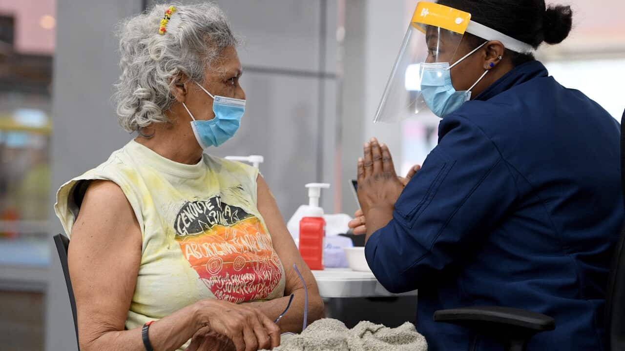 Australian Wiradjuri elder and Indigenous rights activist Aunty Jenny Munro at a pop-up vaccination clinic in Redfern, Sydney.