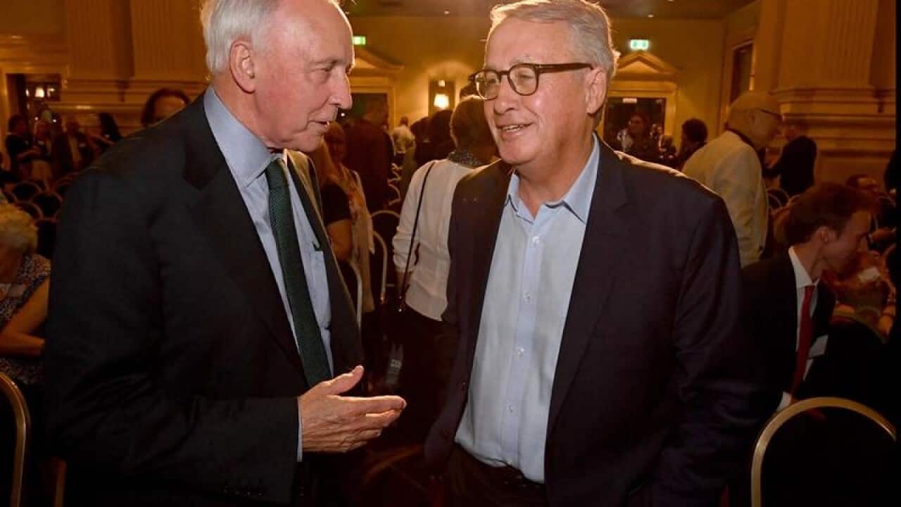 Former PM Paul Keating speaking with former Treasurer, Wayne Swan