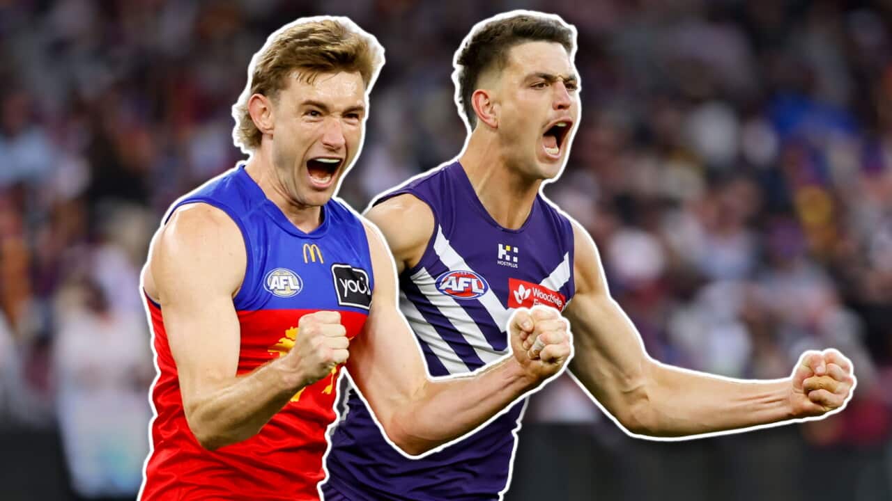 A composite image of Brisbane Lions' Harris Andrews and the Fremantle Dockers' Patrick Voss both cheering
