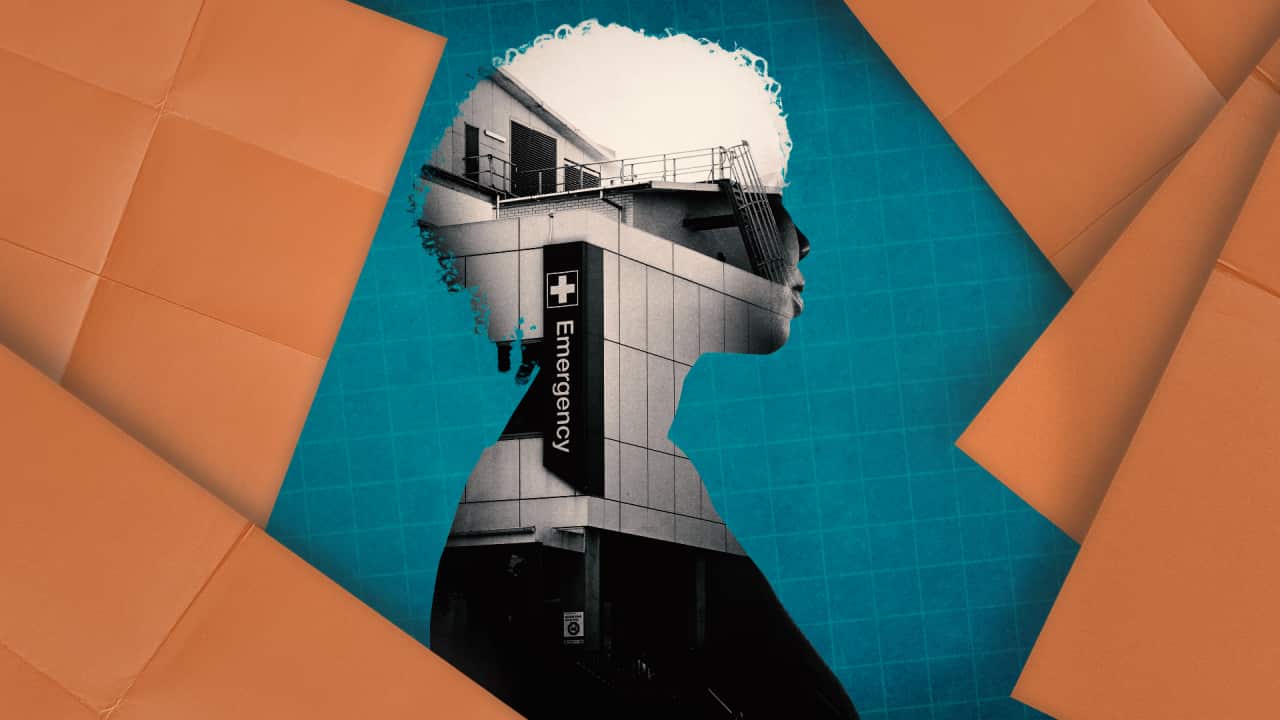 A woman's silhouette looks to the side, and in the background there's a building of the emergency department at a hospital. The figure is surrounded by a teal background and orange pieces of paper.