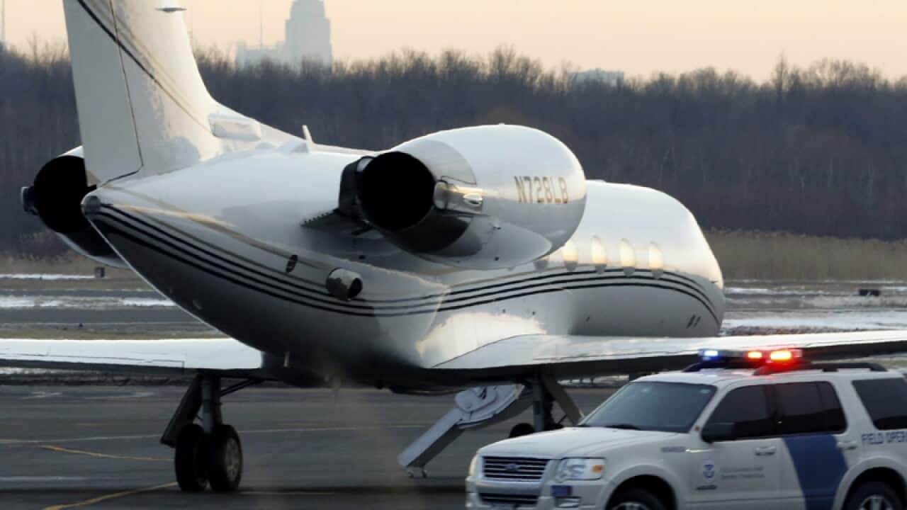 A plane reportedly used by Justin Bieber at Teterboro Airport