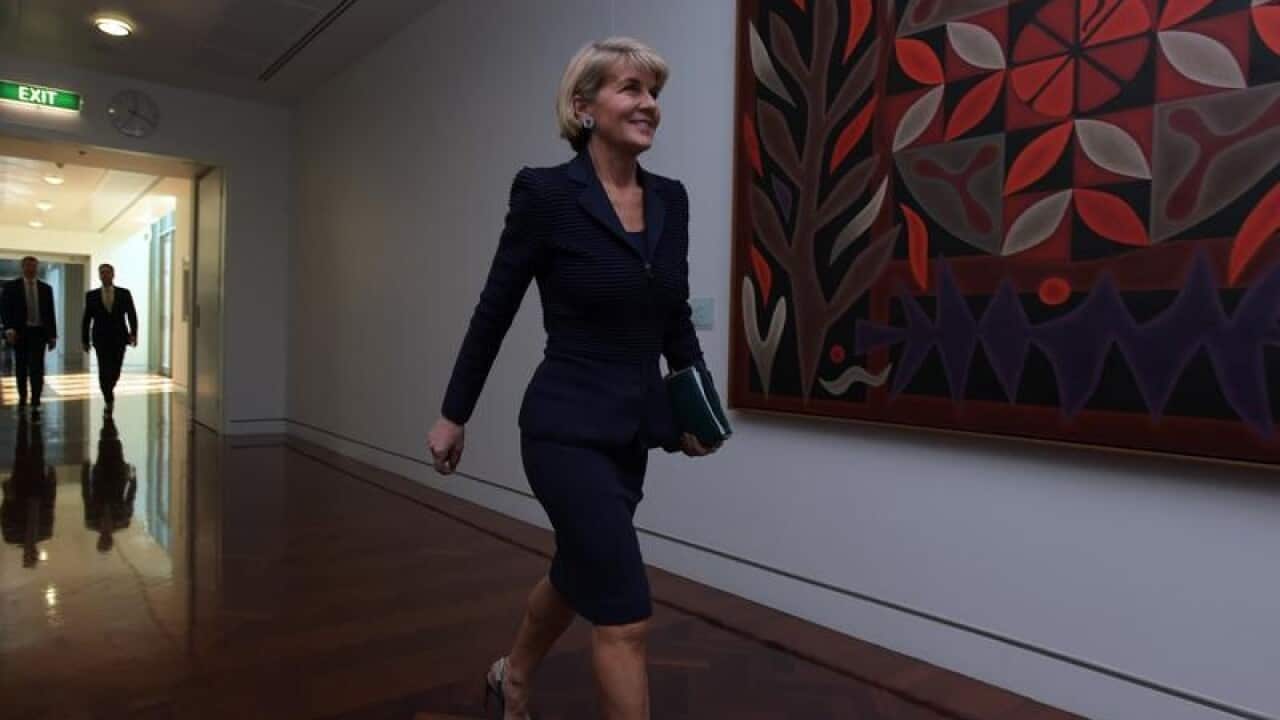 Foreign Minister Julie Bishop arrives for a Liberal party room meeting