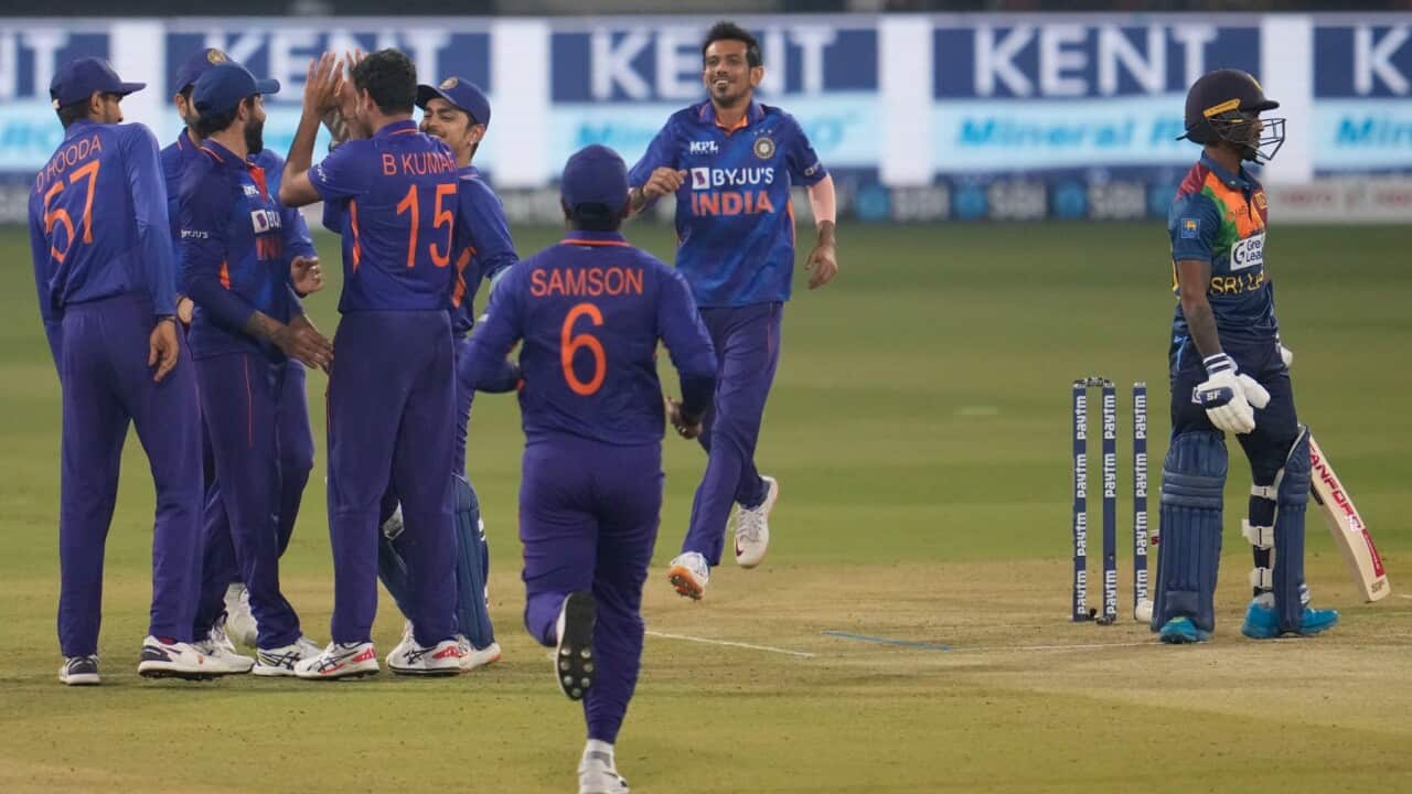 Indian players celebrates the dismissal of Sri Lanka's Pathum Nissanka during the first Twenty20 international cricket match between India and Sri Lanka in Lucknow, India, Thursday, Feb. 24, 2022.