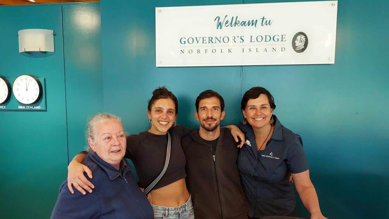 Alessandro Cuccu with the reception staff of the Governor's Lodge on Norfolk Island.