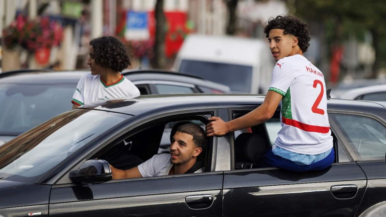 Fans of the Moroccan football team are celebrating in The Hague after the national team defeated the Netherlands at the World Cup June 30 2026 AAP.jpg
