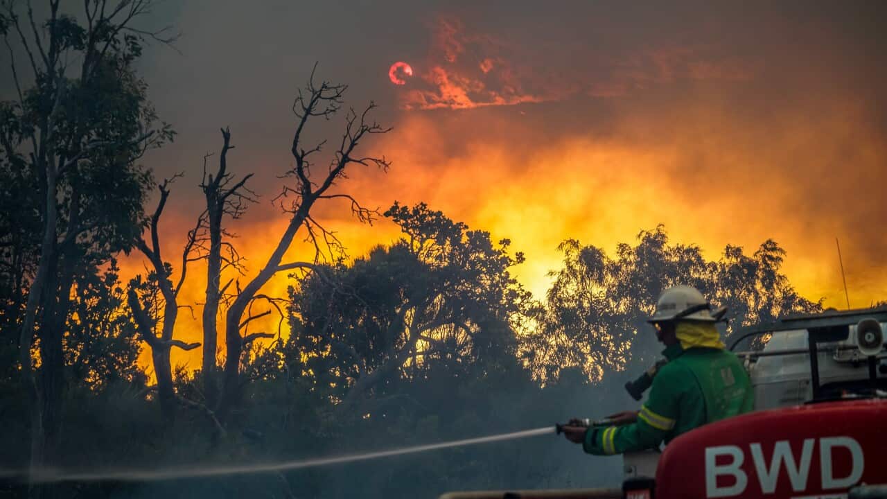 A supplied image showing the Calgardup Bushfire burning in Margaret River, south of Perth in Western Australia