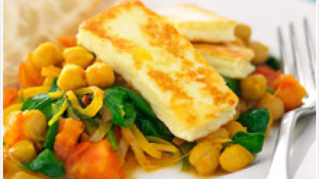 Spicy chickpeas and spinach with haloumi