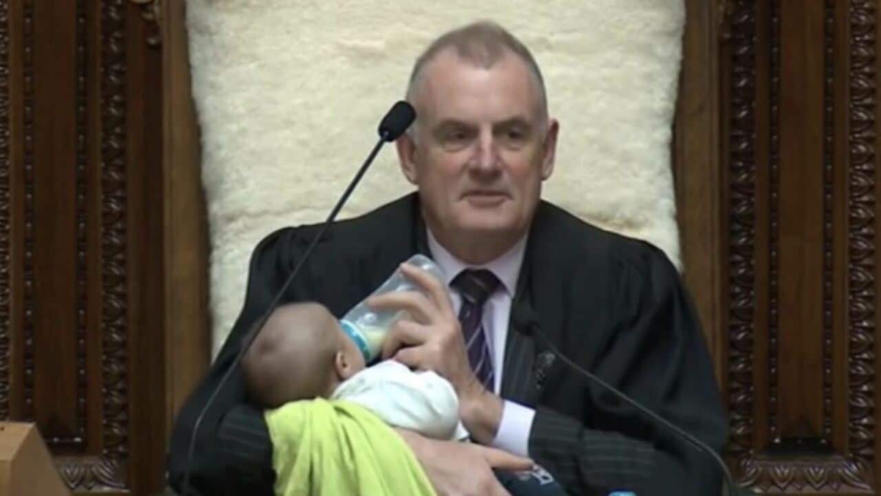 New Zealand speaker Trevor Mallard with Tāmati Coffey's baby.