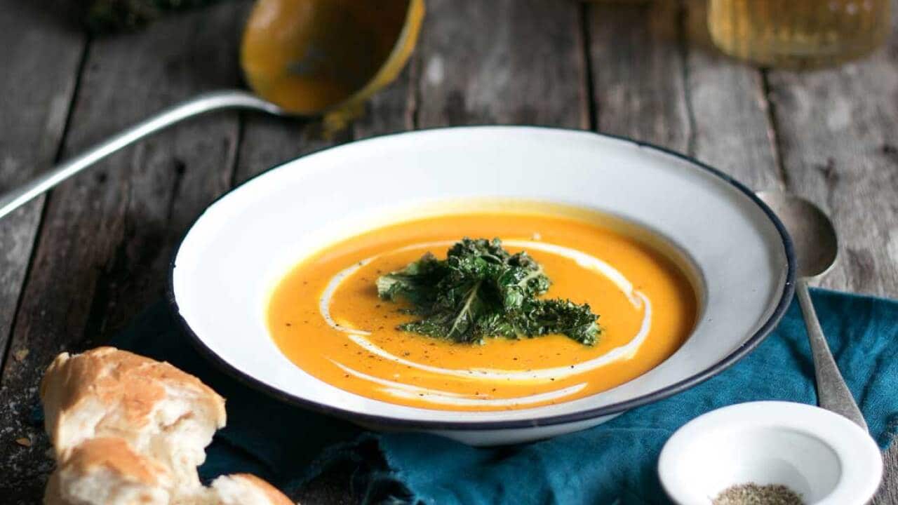 Butternut and apple soup with salt and vinegar kale chips