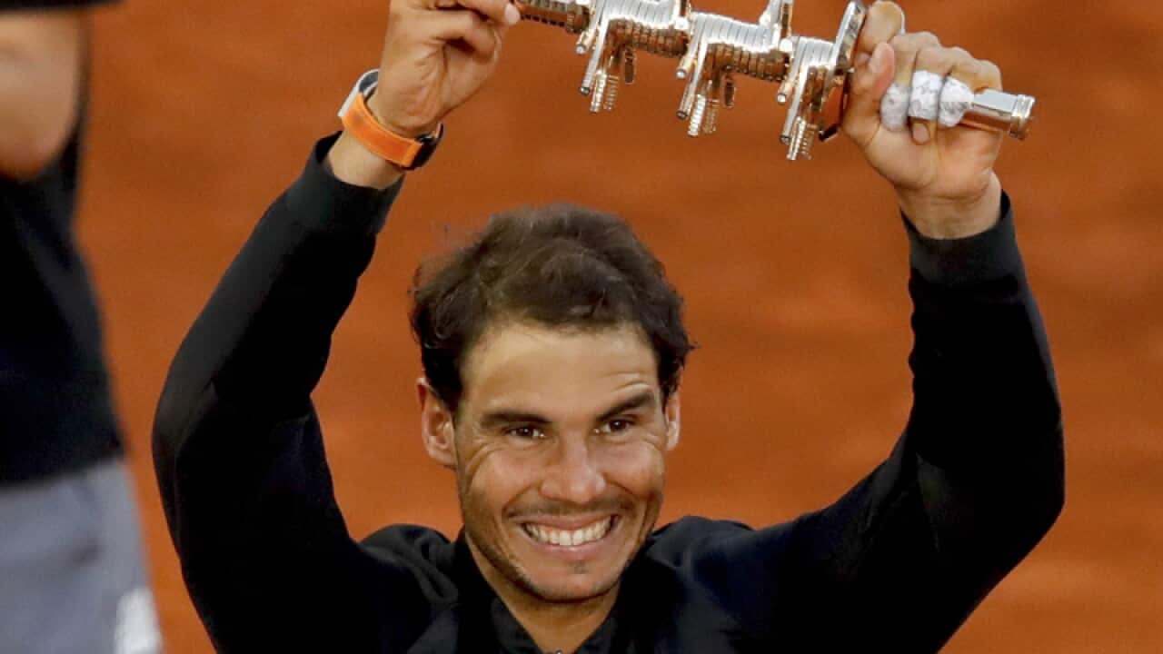 Spanish tennis player Rafael Nadal celebrates his victory