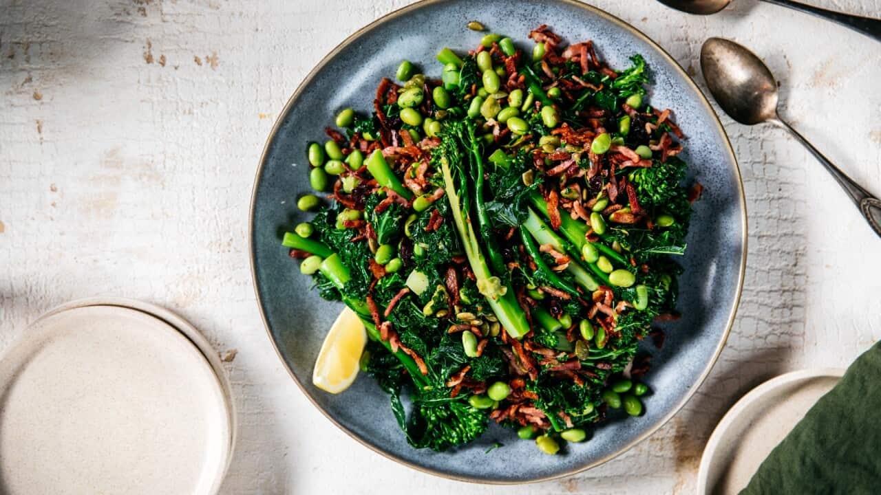 Steamed greens with edamame and bacon
