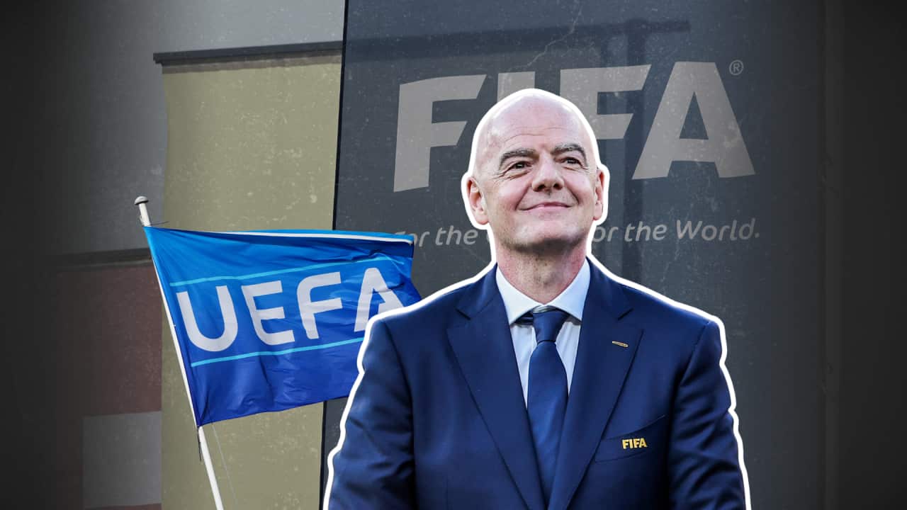 An image of Gianni Infantino, inset against a background with a UEFA flag and FIFA logo.