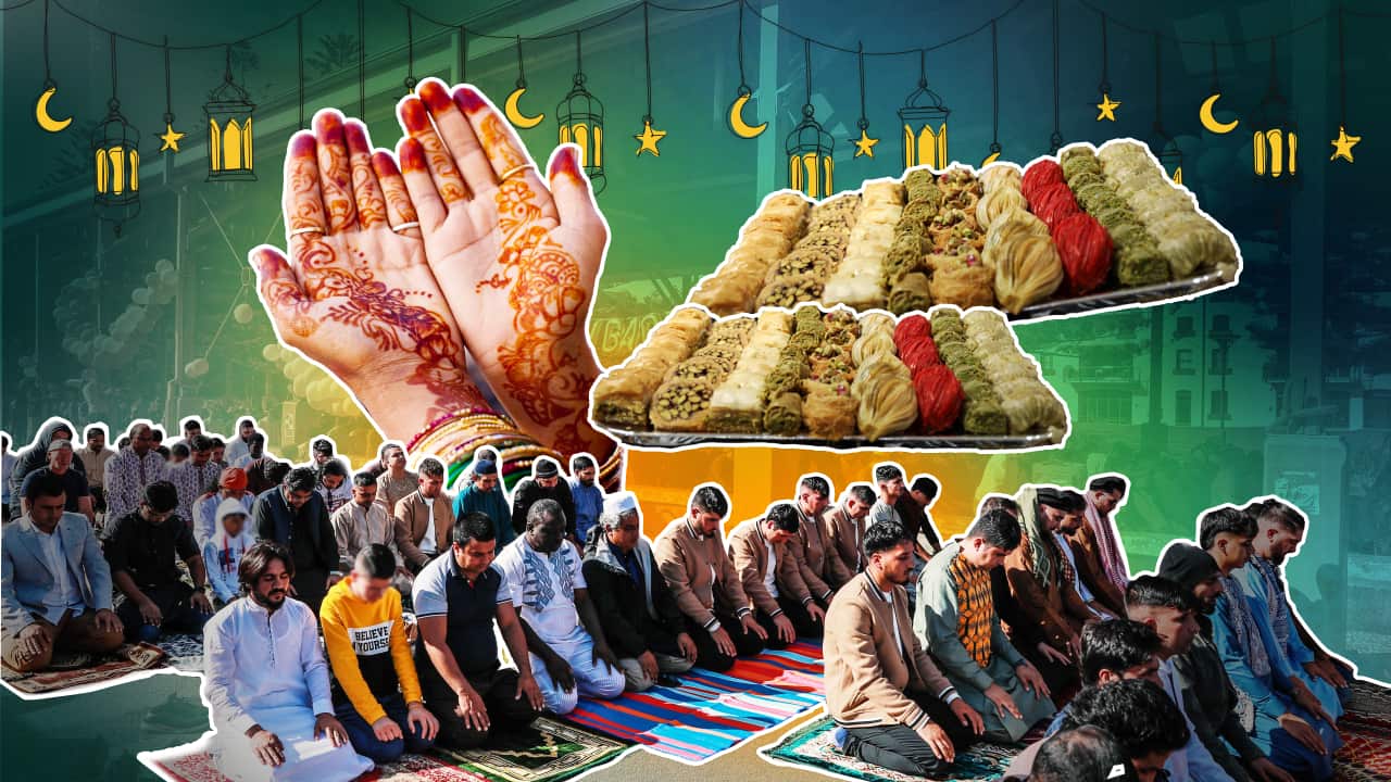 A composite image of people kneeling in prayer, set against a colourful backdrop.